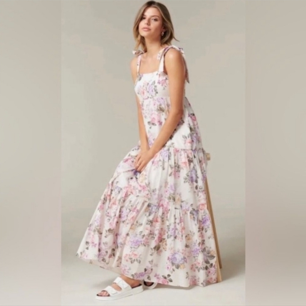 House Of Harlow 1960 Floral Linen Voluminous Tiered Maxi Dress M Pastels